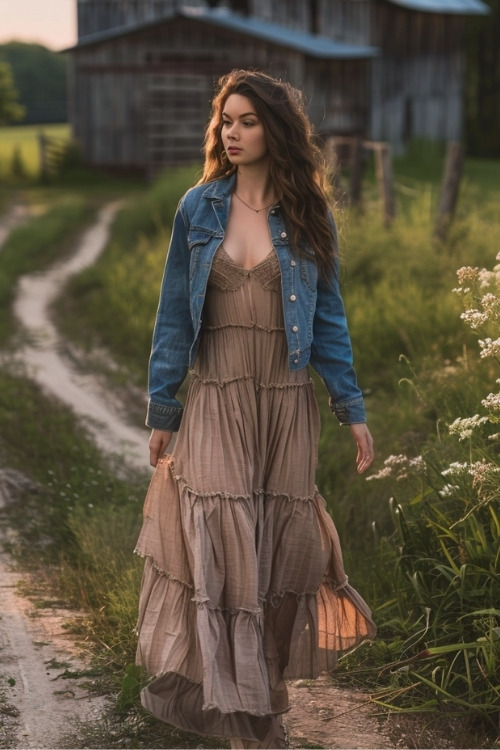 A woman wears a taupe tiered country wedding guest dress with a denim jacket