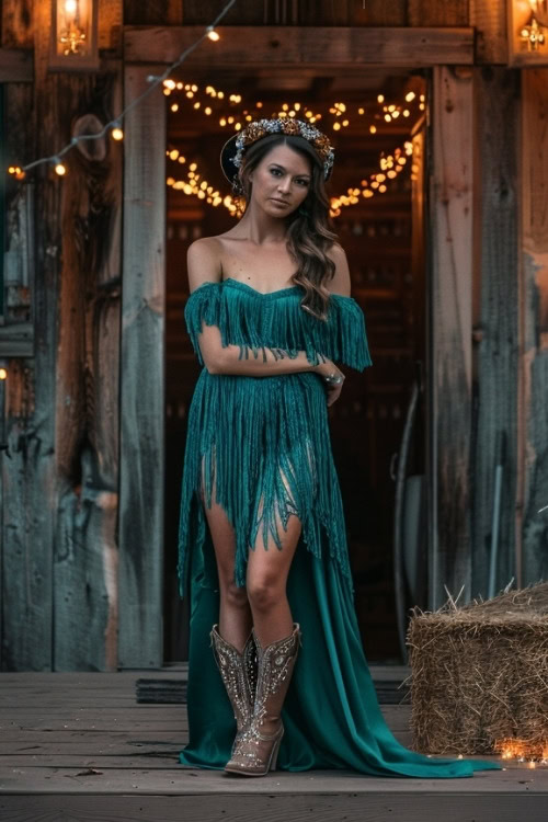 A woman wears a teal fringed long bridesmaid dress with silver cowboy boots