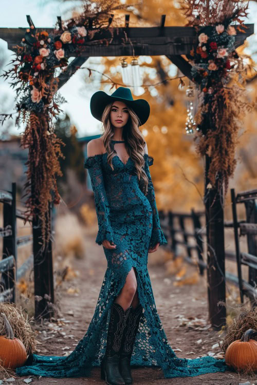 A woman wears a teal lace dress with black cowboy boots