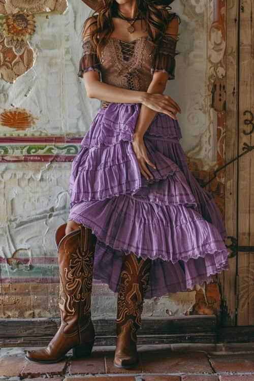 A woman wears a tiered purple dress with lace details and brown cowboy boots