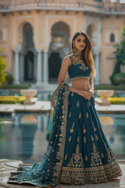 A woman wears a traditional blue wedding guest lehenga with intricate gold embroidery