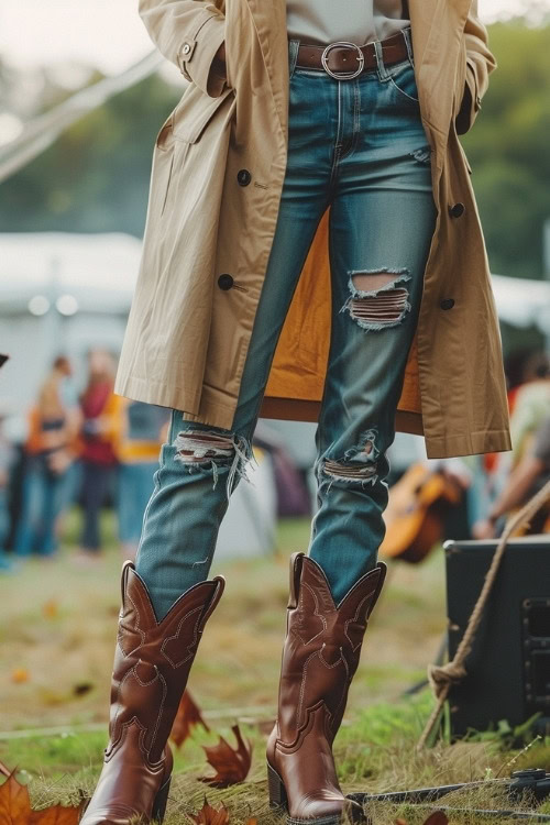 A woman wears a trench coat, a shirt, a belt, ripped jeans, and brown cowboy boots