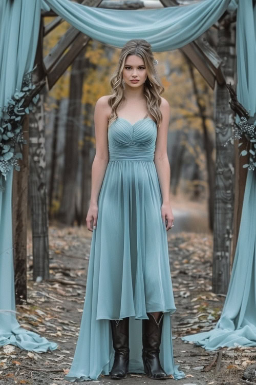 A woman wears a turquoise high-low bridesmaid dress with black cowboy boots