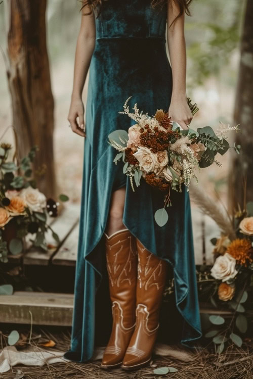 A woman wears a velvet bridesmaid dress with brown cowboy boots