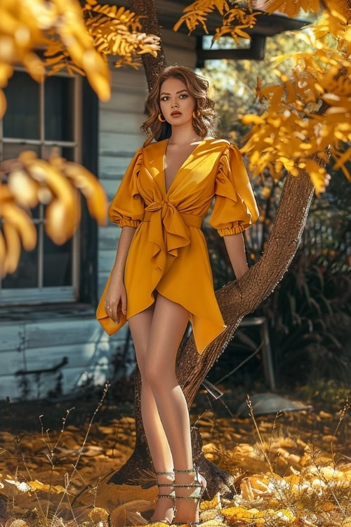 A woman wears a vibrant mustard yellow dress with a bow at the waist for a country club wedding