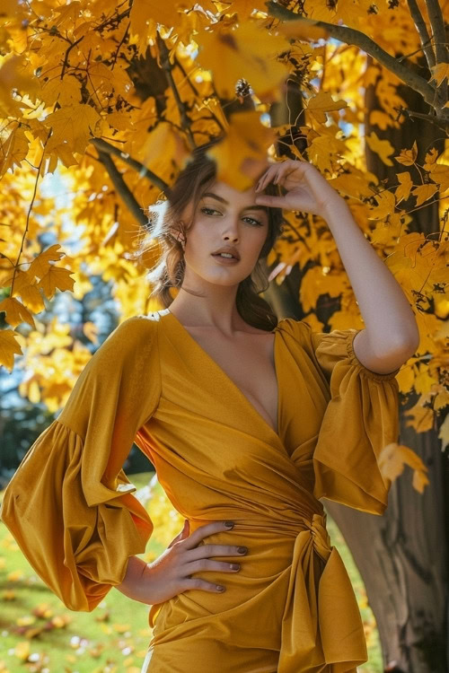 A woman wears a vibrant mustard yellow dress with puffed sleeves and a cinched waist for a country club wedding