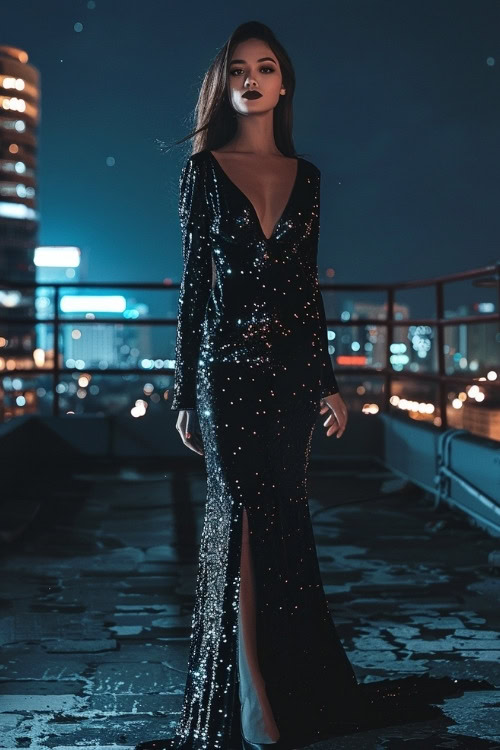 A woman wears a wedding guest black sequin gown with long sleeves and a thigh-high slit