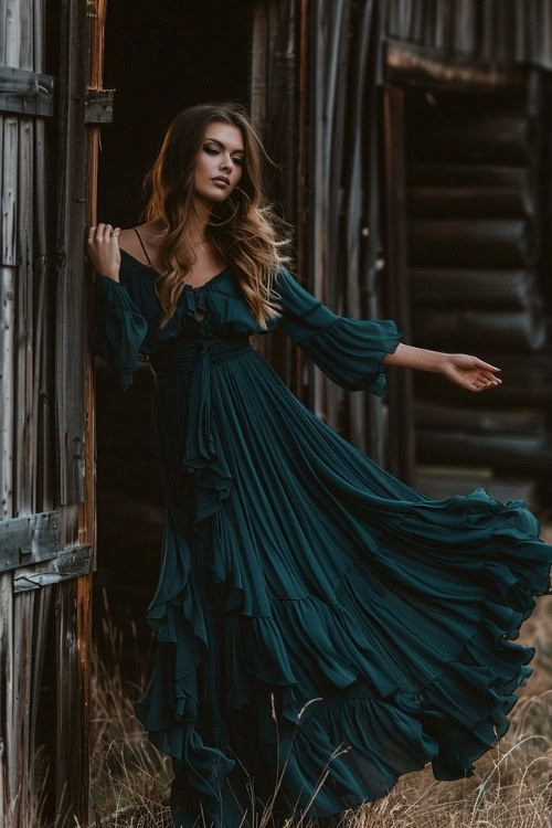 A woman wears a wedding guest deep teal gown with flowing layers and ruffled sleeves