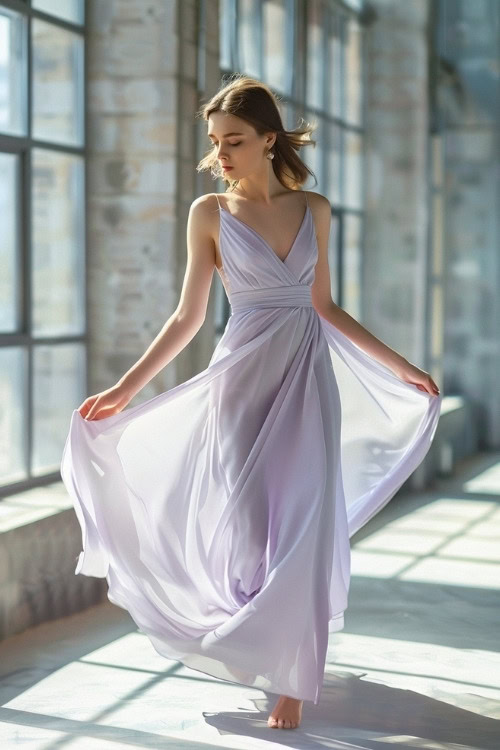 A woman wears a wedding guest light lavender gown with a deep V-neckline and a flowy silhouette