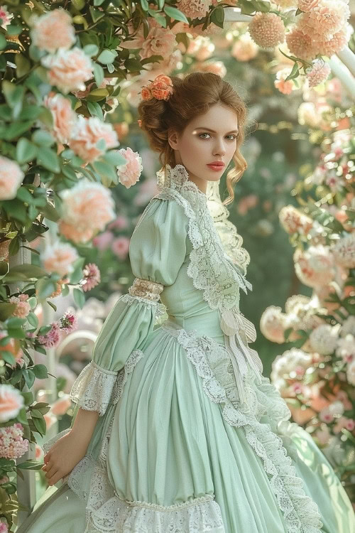 A woman wears a wedding guest mint green Victorian-inspired gown with lace detailing and puffed sleeves