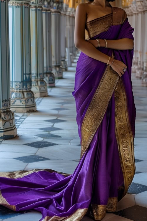 A woman wears a wedding guest purple saree with golden borders