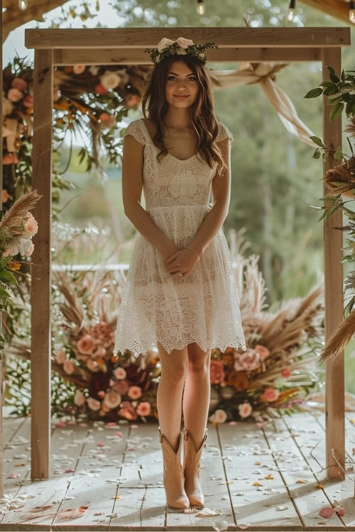 A woman wears a whị lace mini bridesmaid dress with short brown cowboy boots