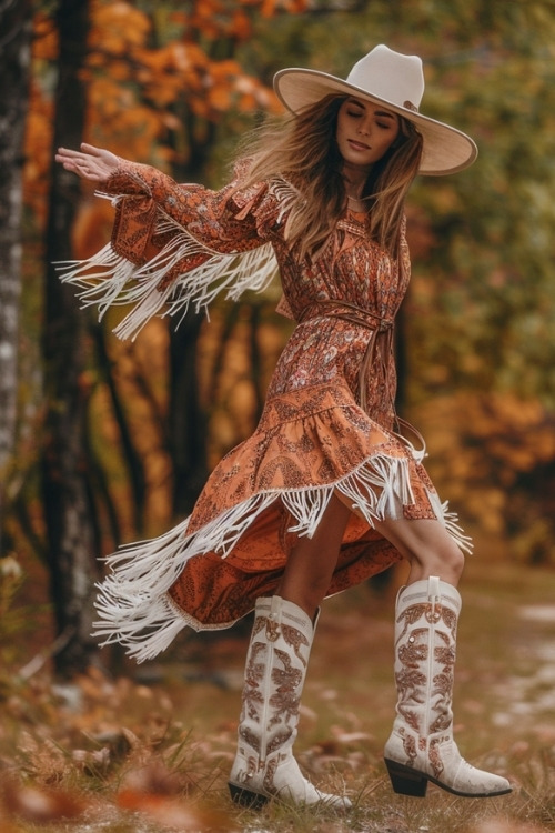 A woman wears a white cowboy hat, a long brown fringe dress, and white cowboy boots