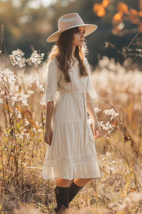 A woman wears a white dress with dark boots for a casual country wedding