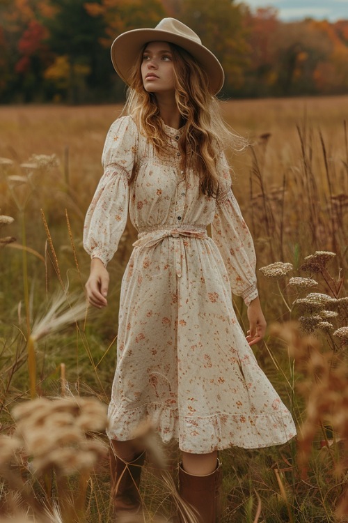 A woman wears a white floral print dress and brown boots for a casual country wedding