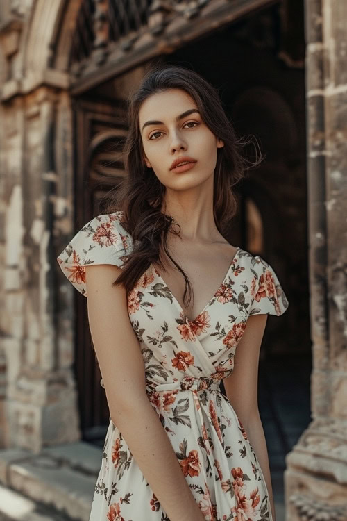 A woman wears a white floral wedding guest dress with flutter sleeves