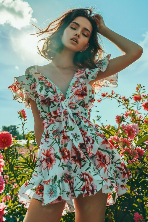 A woman wears a white floral wedding guest dress with ruffled sleeves and a deep V-neckline