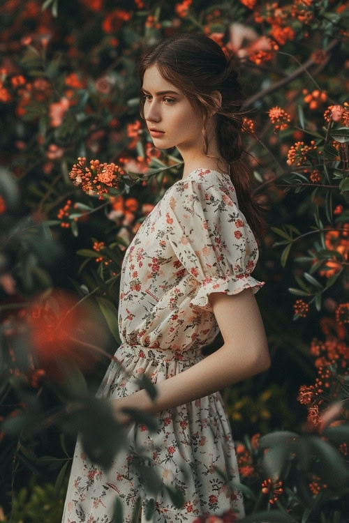 A woman wears a white floral wedding guest dress with ruffled sleeves