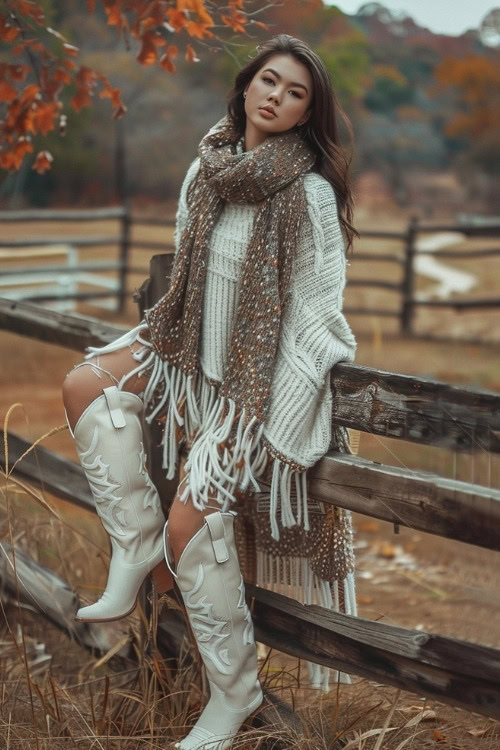 A woman wears a white fringed top, dress, knitted scarf, and white cowboy boots