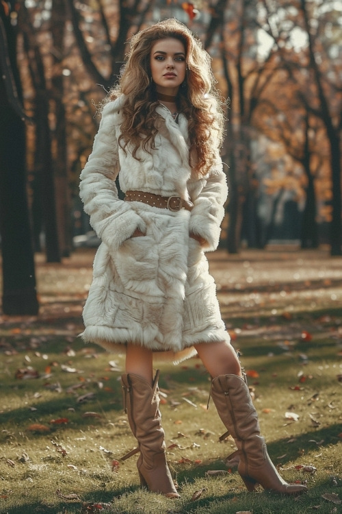 A woman wears a white fur coat, and brown cowboy boots