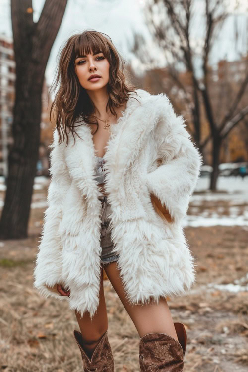 A woman wears a white fur coat, blue shorts, with brown cowboy boots