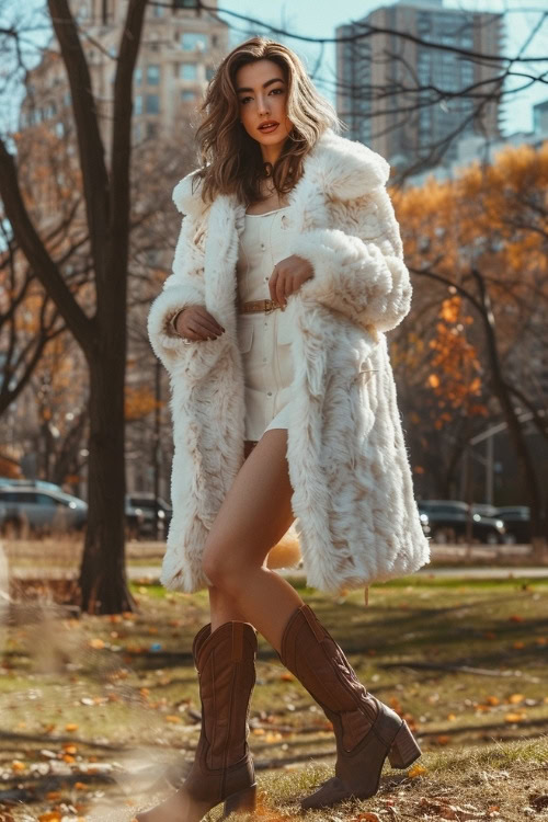 A woman wears a white fur long coat, white top, white shorts, and brown cowboy boots