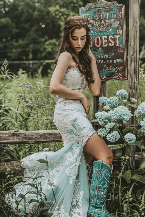 A woman wears a white lace bridesmaid dress with turquoise cowboy boots