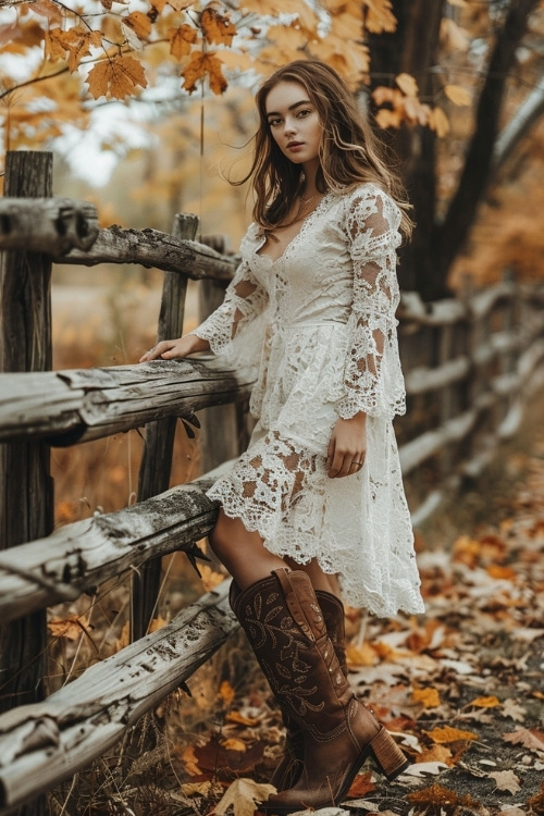 A woman wears a white lace country wedding guest dress with brown cowboy boots