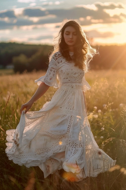 A woman wears a white lace wedding guest dress in the field