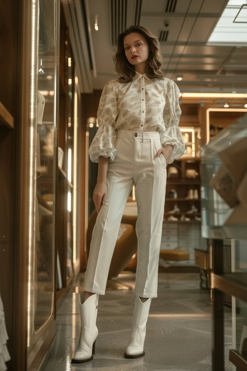 A woman wears a white patterned blouse with white pants and white cowboy boots