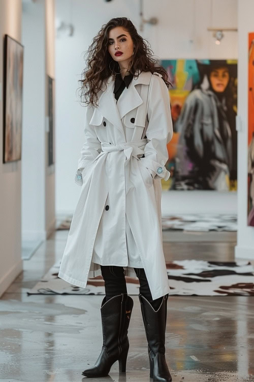 A woman wears a white trench coat, black blouse, black pants, and black cowboy boots