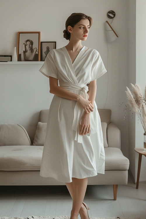 A woman wears a white wrap wedding guest dress with wide sleeves