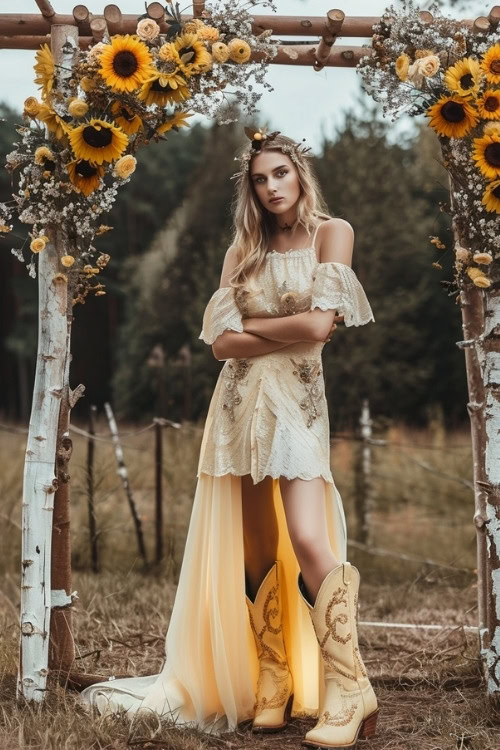 A woman wears a yellow lace high-low bridesmaid dress with yellow cowboy boots