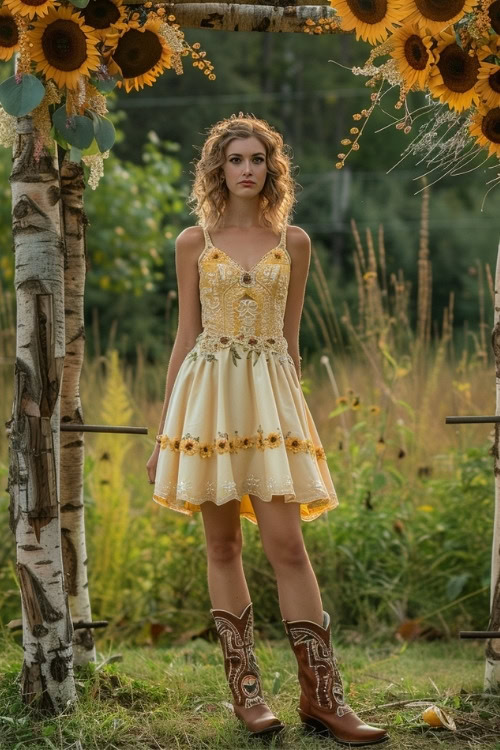 A woman wears a yellow lace mini bridesmaid dress with brown cowboy boots