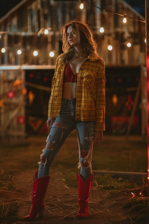 A woman wears a yellow plaid shirt, a red bralette, ripped jeans and red cowboy boots