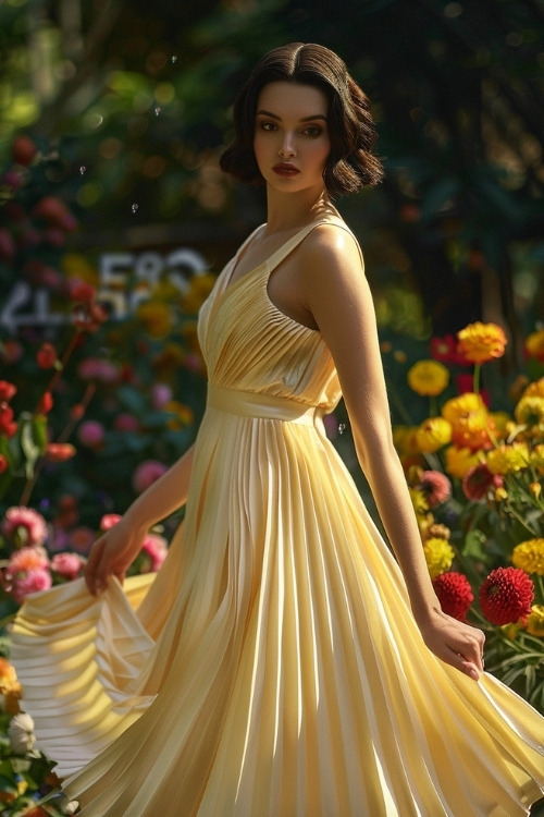 A woman wears a yellow pleated wedding guest dress with a fitted bodice