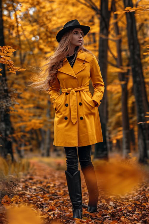 A woman wears a yellow trench coat, black blouse, black pants, black cowboy hat, with black cowboy boots