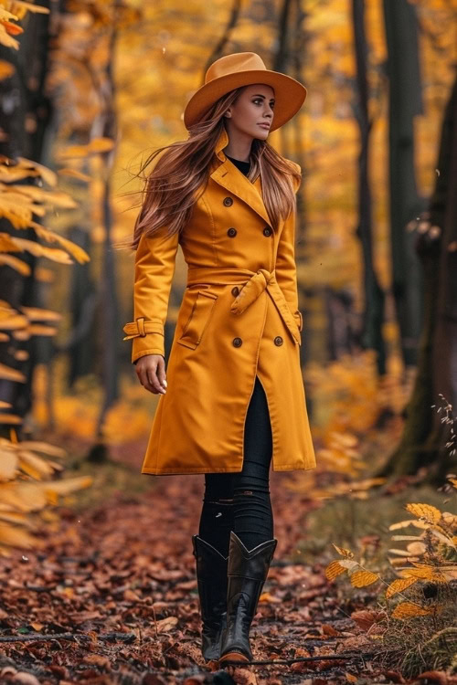 A woman wears a yellow trench coat, black jeans and black cowboy boots