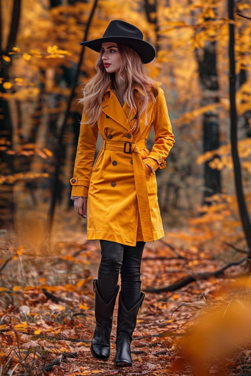 A woman wears a yellow trench coat, black pants, black cowboy hat, with black cowboy boots