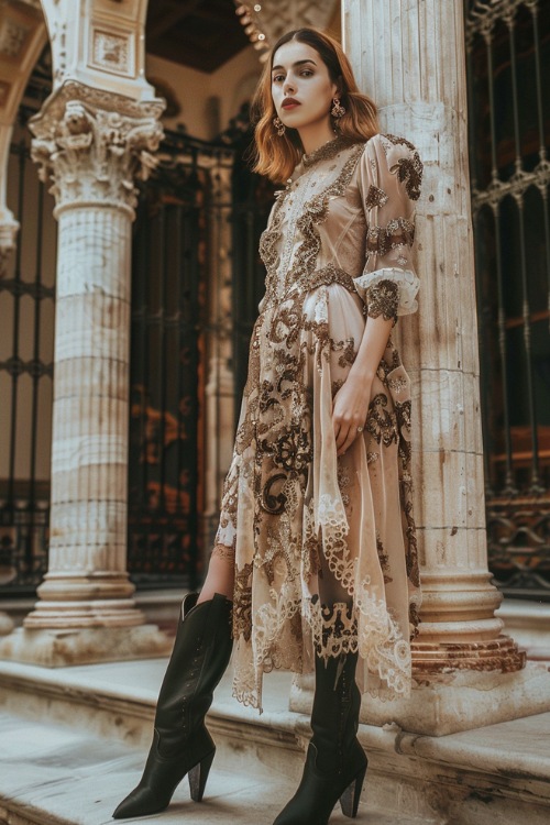 A woman wears an elaborate lace gown with floral embroidery and black cowboy boots