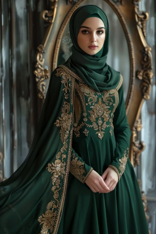 A woman wears an emerald green wedding guest dress with golden embroidery and a matching hijab