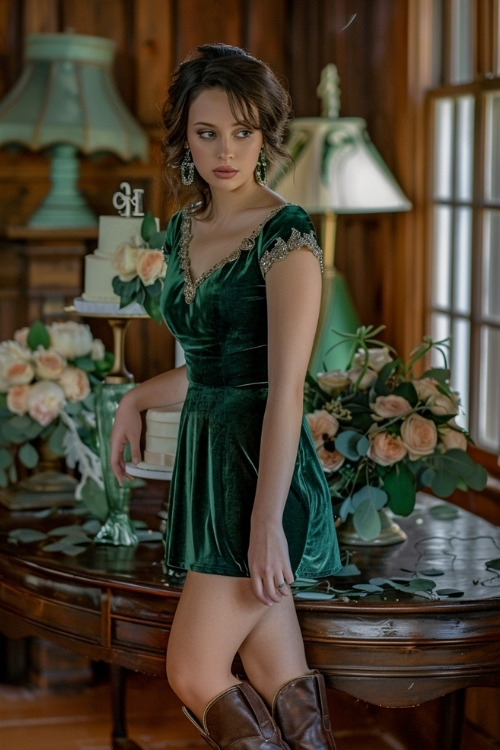 A woman wears an emerald velvet mini bridesmaid dress with brown cowboy boots