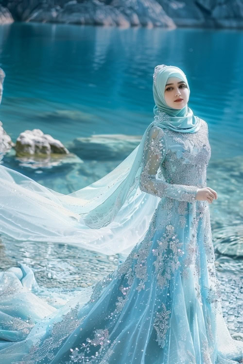 A woman wears an ice blue wedding guest gown with silver embellishments and a matching hijab