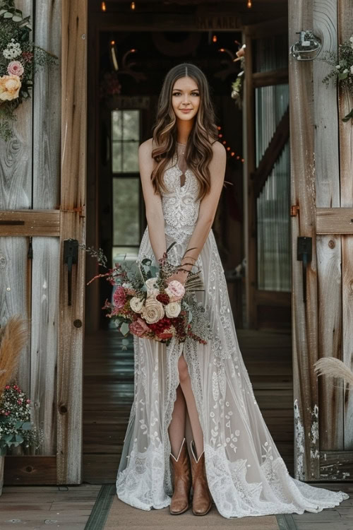 A woman wears an ivory lace long bridesmaid dress with short brown cowboy boots