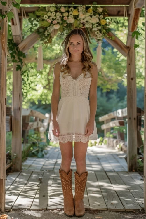 A woman wears an ivory mini bridesmaid dress with brown cowboy boots (2)