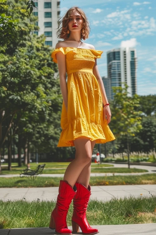 A woman wears an off-shoulder yellow dress with red cowboy boots