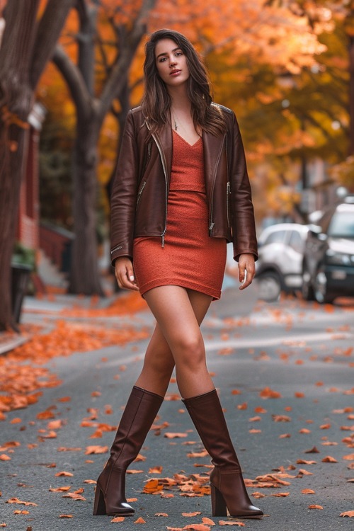 A woman wears an orange mini wedding guest dress with a brown leather jacket and knee-high boots