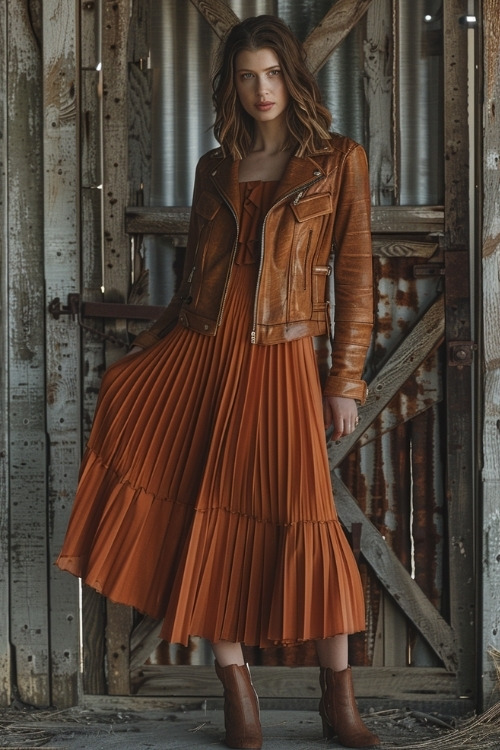 A woman wears an orange pleated wedding guest dress with a brown leather jacket and brown ankle boots