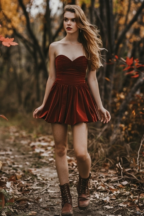 A woman wears an orange strapless wedding guest dress with brown lace-up boots