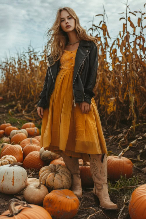 A woman wears beige cowboy boots with a yellow dress and a black biker jacket